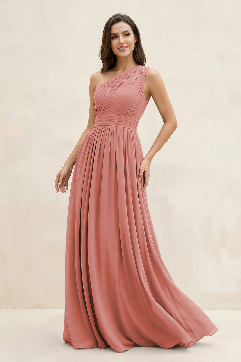 One-Shoulder Pleated A-Line Chiffon Bridesmaid Dress in Mulberry
