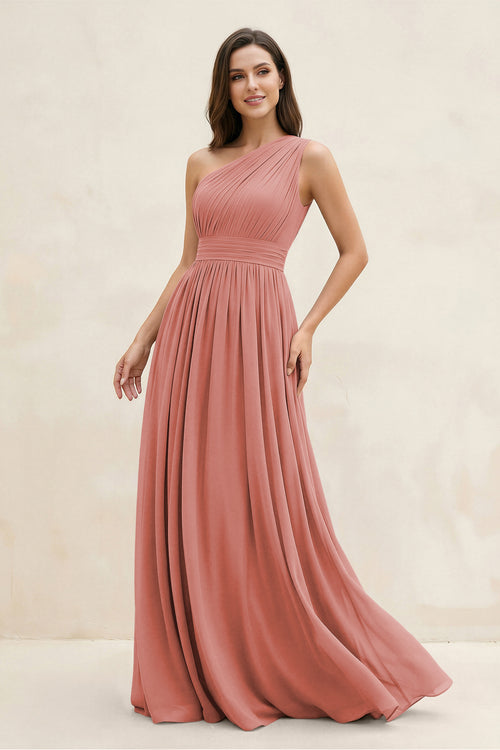 Mulberry One-Shoulder Pleated A-Line Chiffon Bridesmaid Dress | KISSBRIDAL