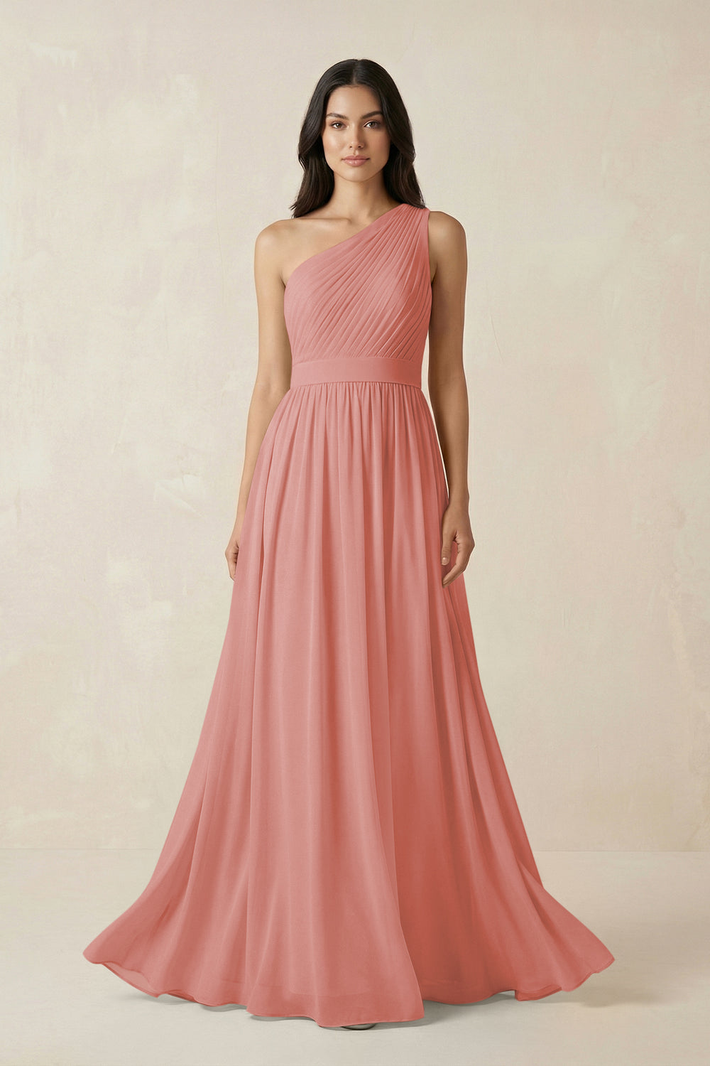 One-Shoulder Pleated Chiffon Bridesmaid Gown in Mulberry
