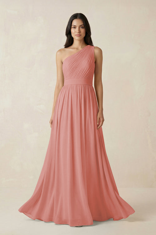 Mulberry One-Shoulder Pleated Chiffon Bridesmaid Gown | KISSBRIDAL