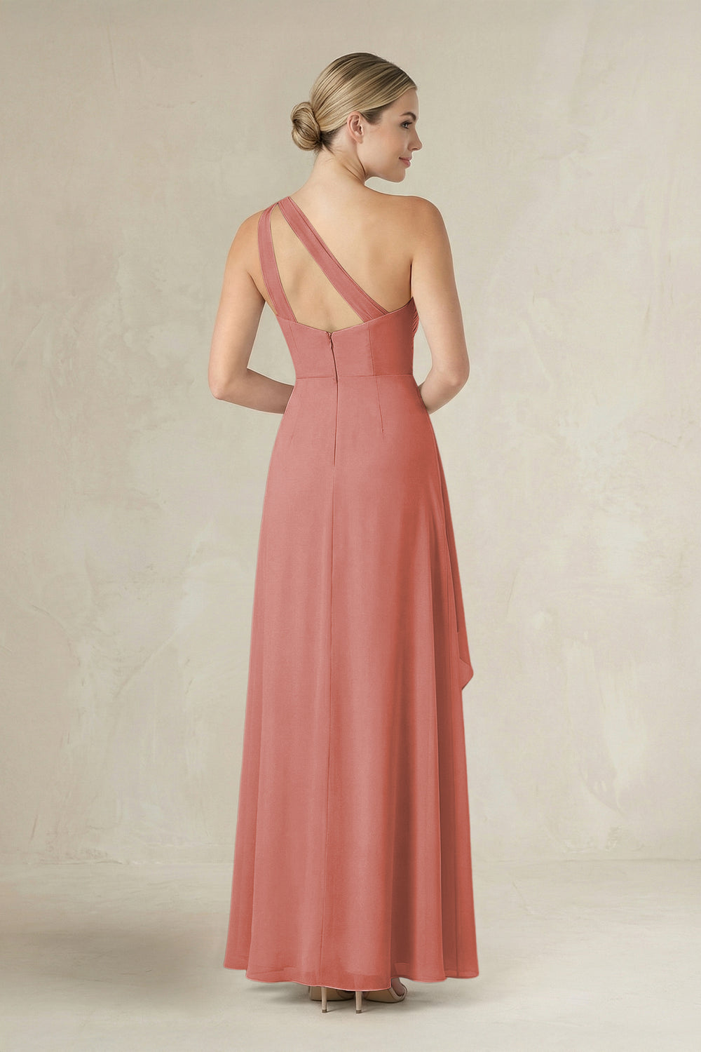 One-Shoulder Sheath Ruched Ruffled Bridesmaid Dress in Mulberry