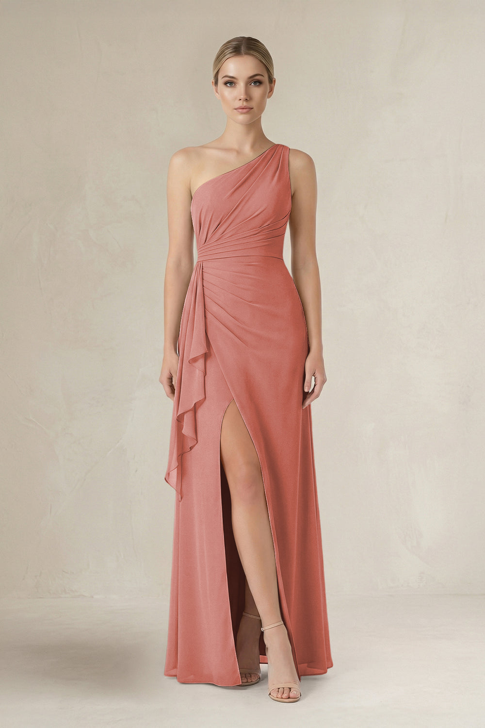One-Shoulder Sheath Ruched Ruffled Bridesmaid Dress in Mulberry