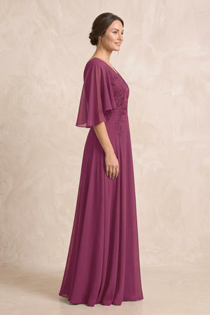 Mulberry Purple A-Line Embroidered Chiffon Mother of the Bride Dress With Sleeves (3) | KISSBRIDAL