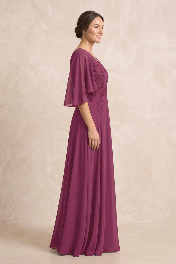 Mulberry Purple A-Line Embroidered Chiffon Mother of the Bride Dress With Sleeves (3) | KISSBRIDAL