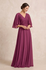 Mulberry Purple A-Line Embroidered Chiffon Mother of the Bride Dress With Sleeves | KISSBRIDAL