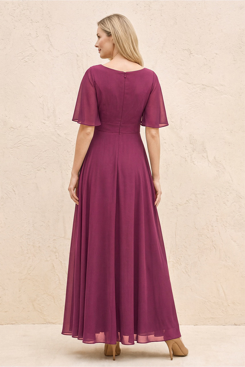 Mulberry Purple A-Line Flutter Sleeves Chiffon Mother of the Bride Dress