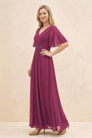 Mulberry Purple A-Line Flutter Sleeves Chiffon Mother of the Bride Dress (3) | KISSBRIDAL