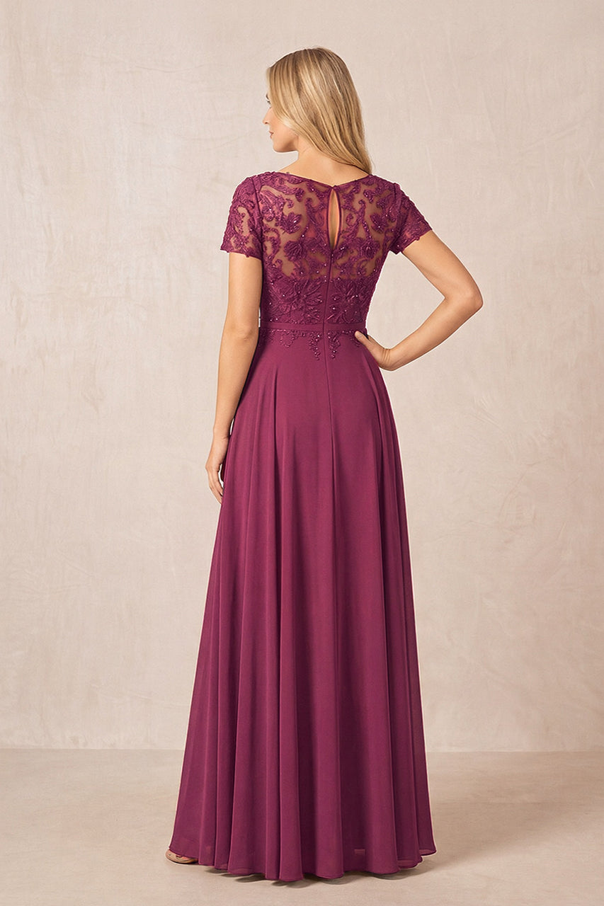Mulberry Purple Boat Neck Chiffon A-Line Embroidered Mother of the Bride Dress with Sleeves