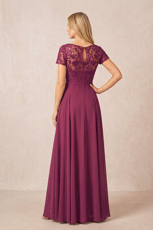 Mulberry Purple Boat Neck Chiffon A-Line Embroidered Mother of the Bride Dress with Sleeves (2) | KISSBRIDAL