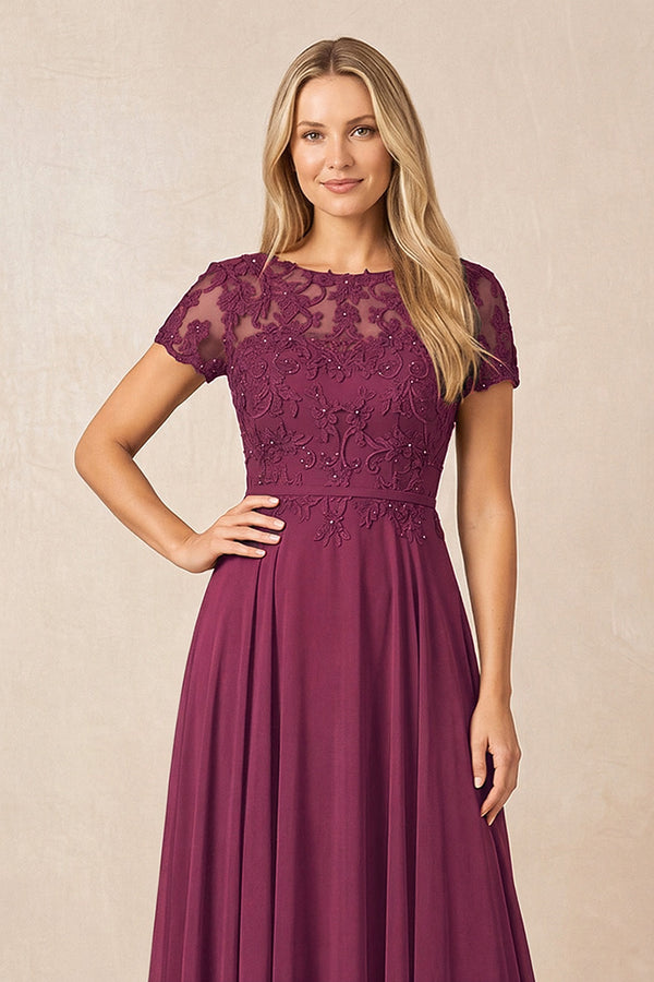 Mulberry Purple Boat Neck Chiffon A-Line Embroidered Mother of the Bride Dress with Sleeves (3) | KISSBRIDAL