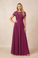 Mulberry Purple Boat Neck Chiffon A-Line Embroidered Mother of the Bride Dress with Sleeves | KISSBRIDAL