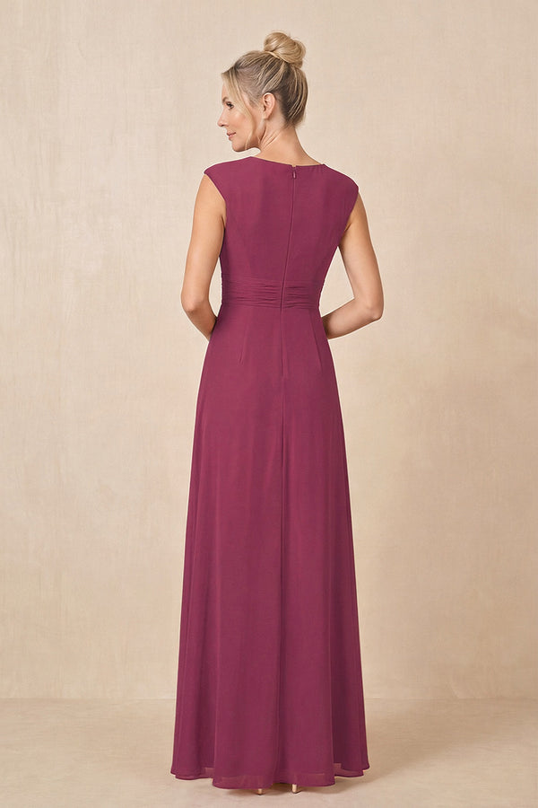 Mulberry Purple Cap Sleeves A-Line Chiffon Pleated Ruffled Mother of the Bride Dress (2) | KISSBRIDAL
