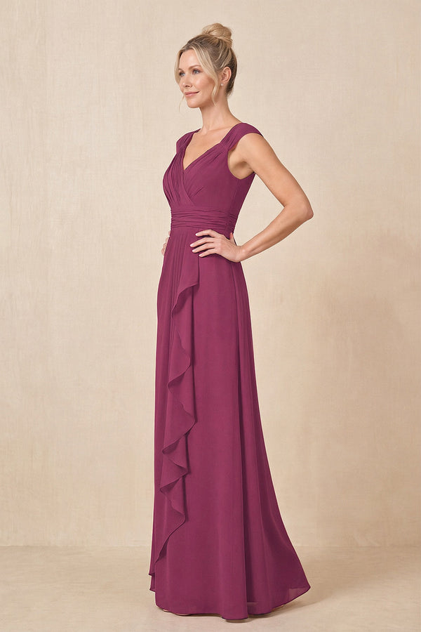 Mulberry Purple Cap Sleeves A-Line Chiffon Pleated Ruffled Mother of the Bride Dress (3) | KISSBRIDAL