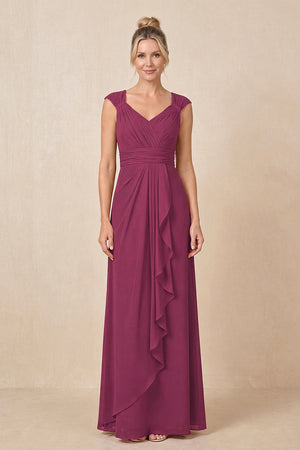 Mulberry Purple Cap Sleeves A-Line Chiffon Pleated Ruffled Mother of the Bride Dress | KISSBRIDAL