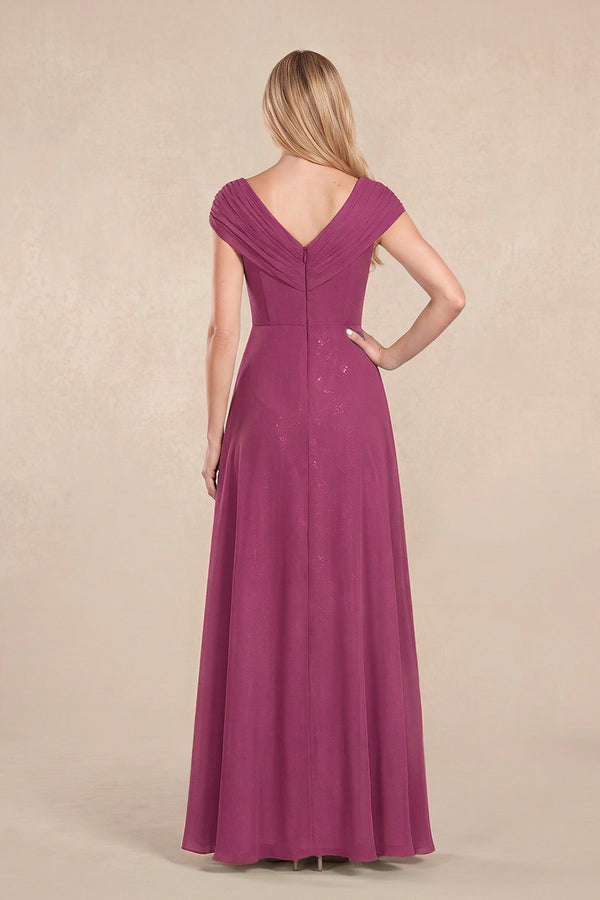 Mulberry Purple Cap Sleeves Chiffon A-Line Lace V-Neck Mother of the Bride Dress (2) | KISSBRIDAL
