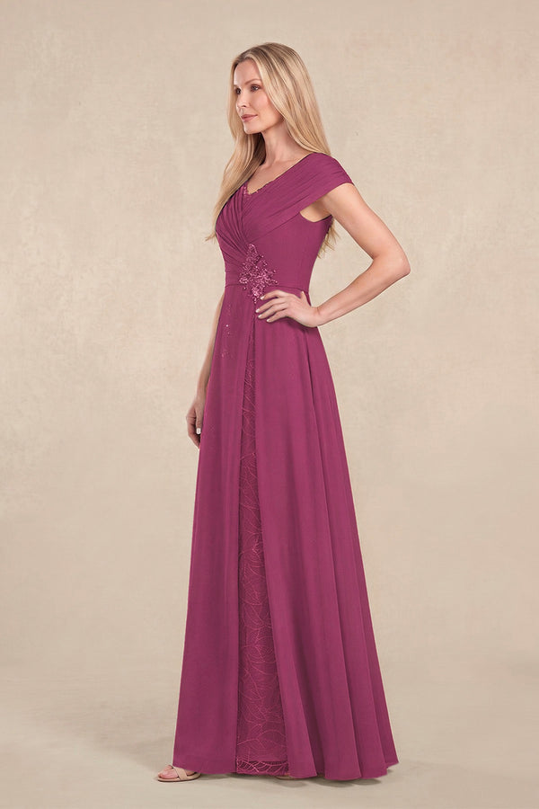 Mulberry Purple Cap Sleeves Chiffon A-Line Lace V-Neck Mother of the Bride Dress (3) | KISSBRIDAL