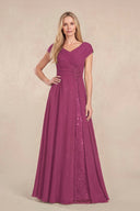 Mulberry Purple Cap Sleeves Chiffon A-Line Lace V-Neck Mother of the Bride Dress | KISSBRIDAL