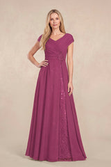 Mulberry Purple Cap Sleeves Chiffon A-Line Lace V-Neck Mother of the Bride Dress | KISSBRIDAL