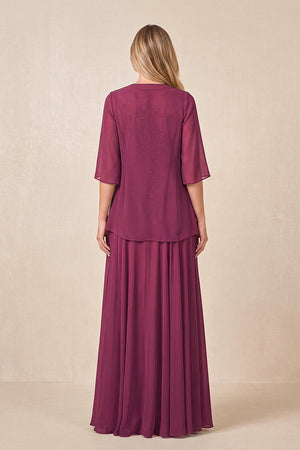 Mulberry Purple Cape Sleeves A-Line Chiffon Scoop Neck Embroidered Mother of the Bride Dress (2) | KISSBRIDAL