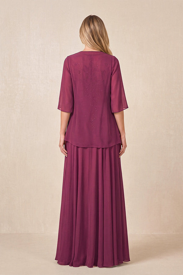 Mulberry Purple Cape Sleeves A-Line Chiffon Scoop Neck Embroidered Mother of the Bride Dress (2) | KISSBRIDAL