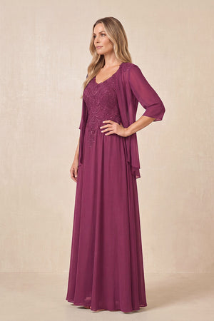 Mulberry Purple Cape Sleeves A-Line Chiffon Scoop Neck Embroidered Mother of the Bride Dress (3) | KISSBRIDAL