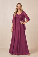 Mulberry Purple Cape Sleeves A-Line Chiffon Scoop Neck Embroidered Mother of the Bride Dress | KISSBRIDAL