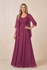 Mulberry Purple Cape Sleeves A-Line Chiffon Scoop Neck Embroidered Mother of the Bride Dress | KISSBRIDAL