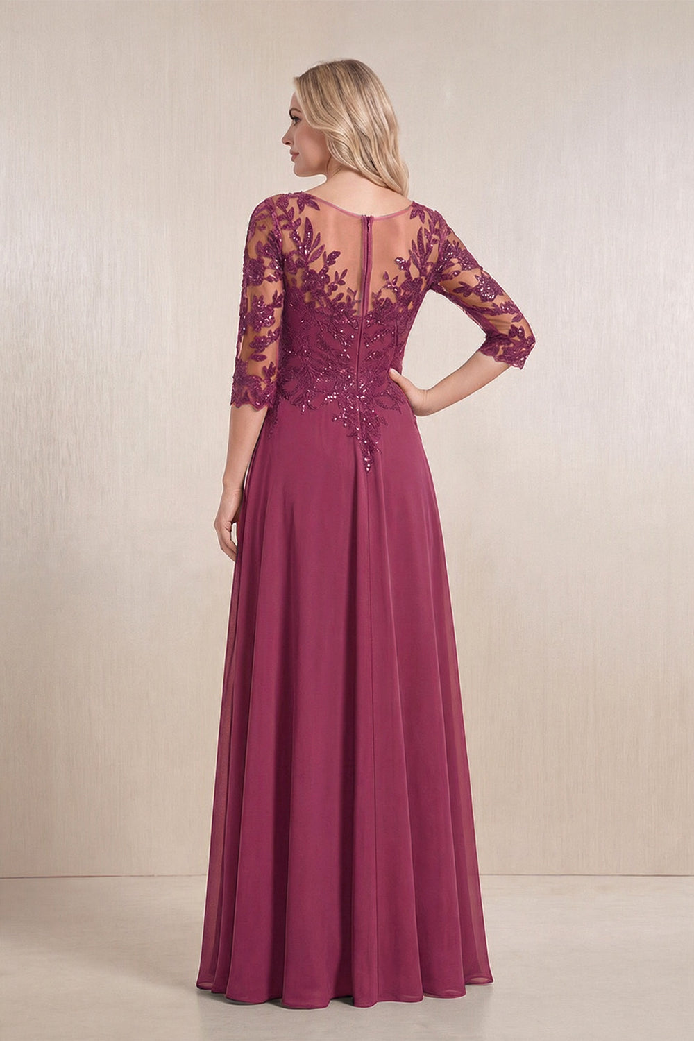 Mulberry Purple Chiffon A-Line Embroidered Mother of the Bride Dress With Sleeves