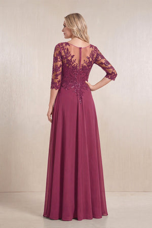 Mulberry Purple Chiffon A-Line Embroidered Mother of the Bride Dress With Sleeves (2) | KISSBRIDAL