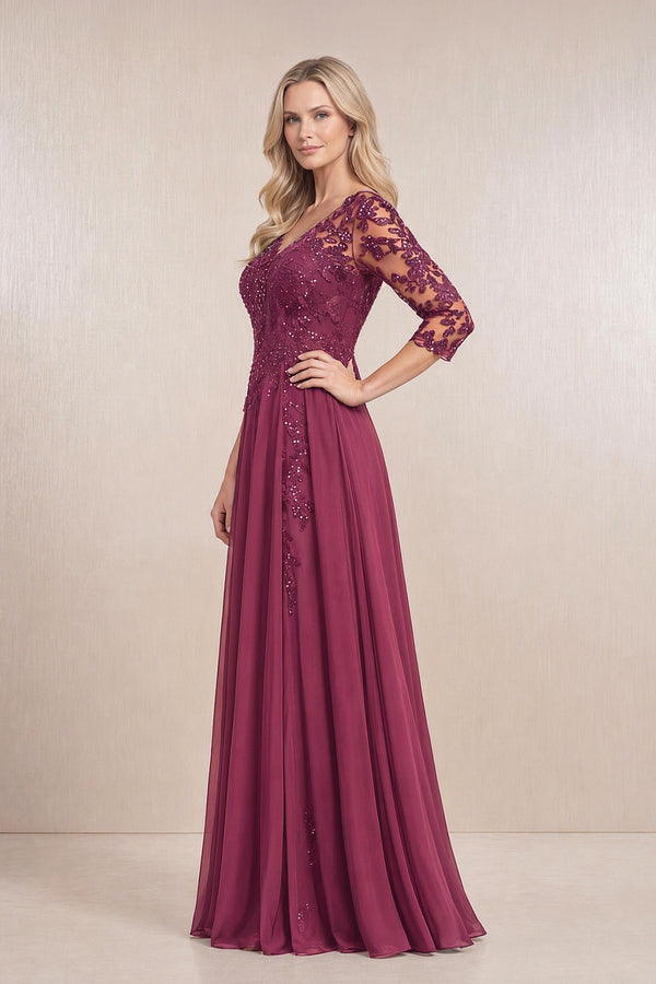 Mulberry Purple Chiffon A-Line Embroidered Mother of the Bride Dress With Sleeves (3) | KISSBRIDAL