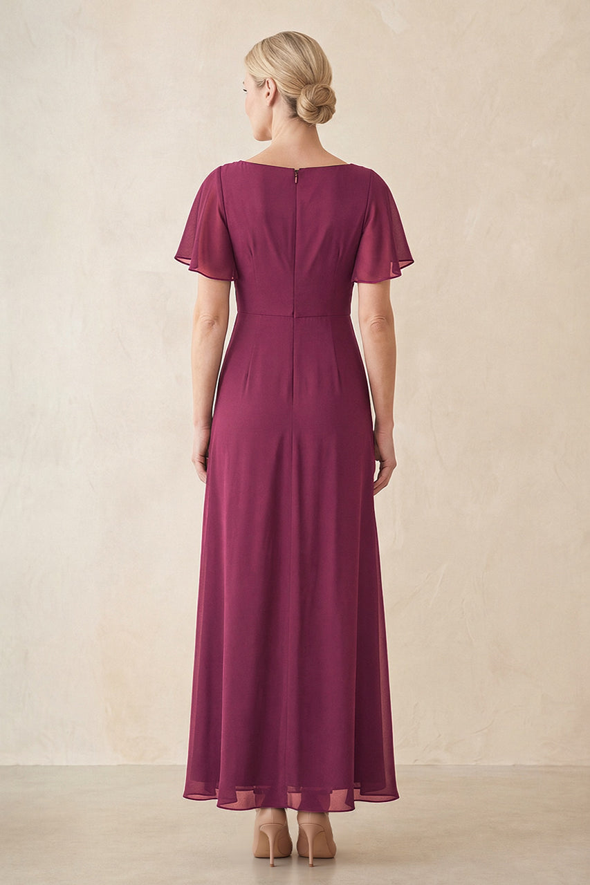 Mulberry Purple Chiffon Ruched A-Line Ruffled Sleeves Midi Mother of the Bride Dress
