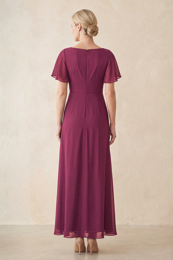 Mulberry Purple Chiffon Ruched A-Line Ruffled Sleeves Midi Mother of the Bride Dress (2) | KISSBRIDAL