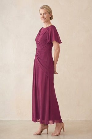 Mulberry Purple Chiffon Ruched A-Line Ruffled Sleeves Midi Mother of the Bride Dress (3) | KISSBRIDAL