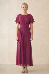 Mulberry Purple Chiffon Ruched A-Line Ruffled Sleeves Midi Mother of the Bride Dress | KISSBRIDAL