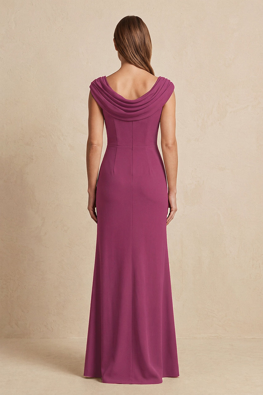 Mulberry Purple Cowl Neck Sheath Chiffon Mother of the Bride Dress with Slit and Cap Sleeves