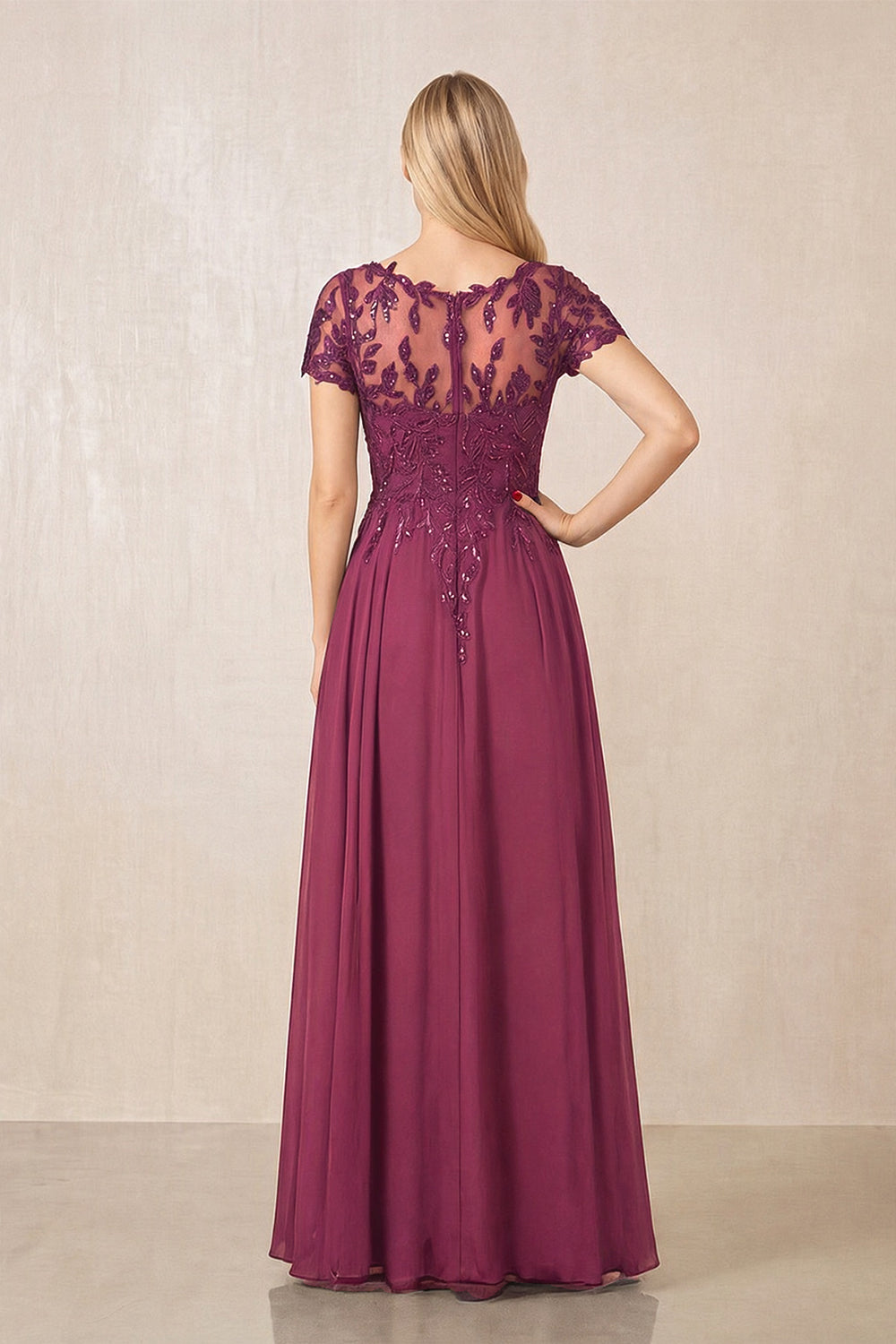 Mulberry Purple Illusion Neck A-Line Chiffon Cap Sleeves Mother of the Bride Dress