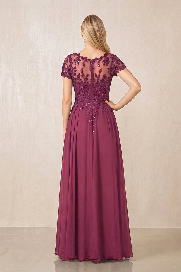 Mulberry Purple Illusion Neck A-Line Chiffon Cap Sleeves Mother of the Bride Dress (2) | KISSBRIDAL
