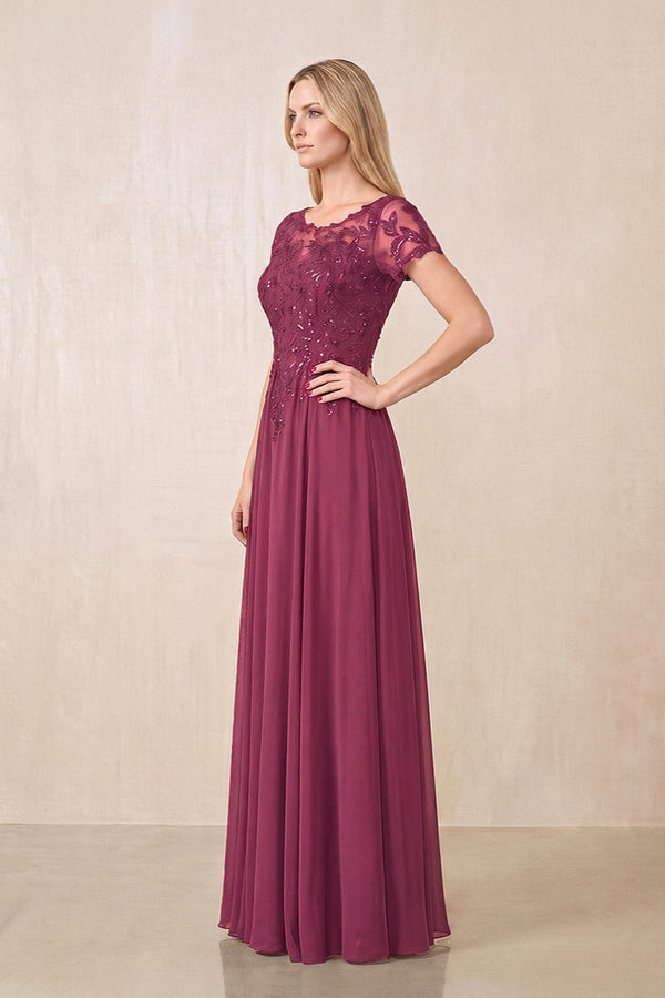 Mulberry Purple Illusion Neck A-Line Chiffon Cap Sleeves Mother of the Bride Dress (3) | KISSBRIDAL