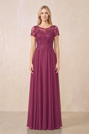 Mulberry Purple Illusion Neck A-Line Chiffon Cap Sleeves Mother of the Bride Dress | KISSBRIDAL