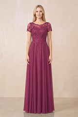 Mulberry Purple Illusion Neck A-Line Chiffon Cap Sleeves Mother of the Bride Dress | KISSBRIDAL
