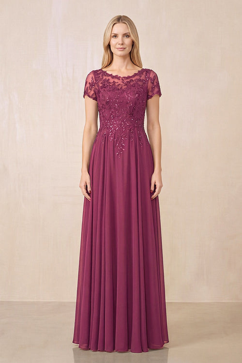 Mulberry Purple Illusion Neck A-Line Chiffon Cap Sleeves Mother of the Bride Dress | KISSBRIDAL