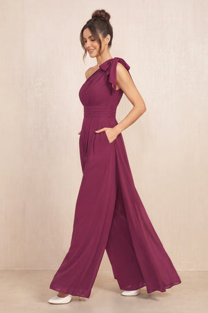 Mulberry Purple One-Shoulder Chiffon Mother of the Bride Jumpsuits (3) | KISSBRIDAL