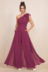 Mulberry Purple One-Shoulder Chiffon Mother of the Bride Jumpsuits | KISSBRIDAL