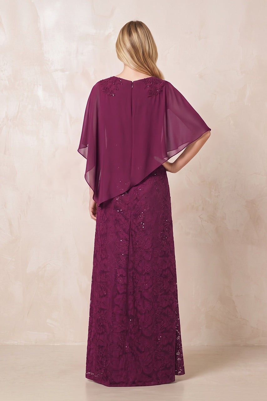 Mulberry Purple Round Neck Lace Sheath Chiffon Cape Sleeves Mother of the Bride Dress