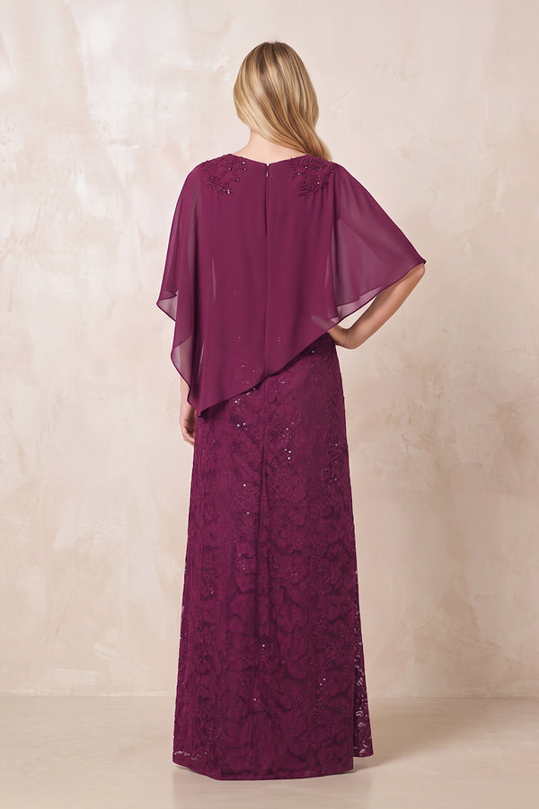 Mulberry Purple Round Neck Lace Sheath Chiffon Cape Sleeves Mother of the Bride Dress (2) | KISSBRIDAL