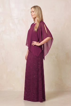 Mulberry Purple Round Neck Lace Sheath Chiffon Cape Sleeves Mother of the Bride Dress (3) | KISSBRIDAL