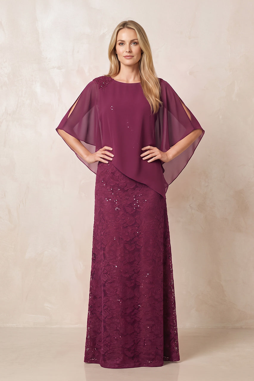 Mulberry Purple Round Neck Lace Sheath Chiffon Cape Sleeves Mother of the Bride Dress