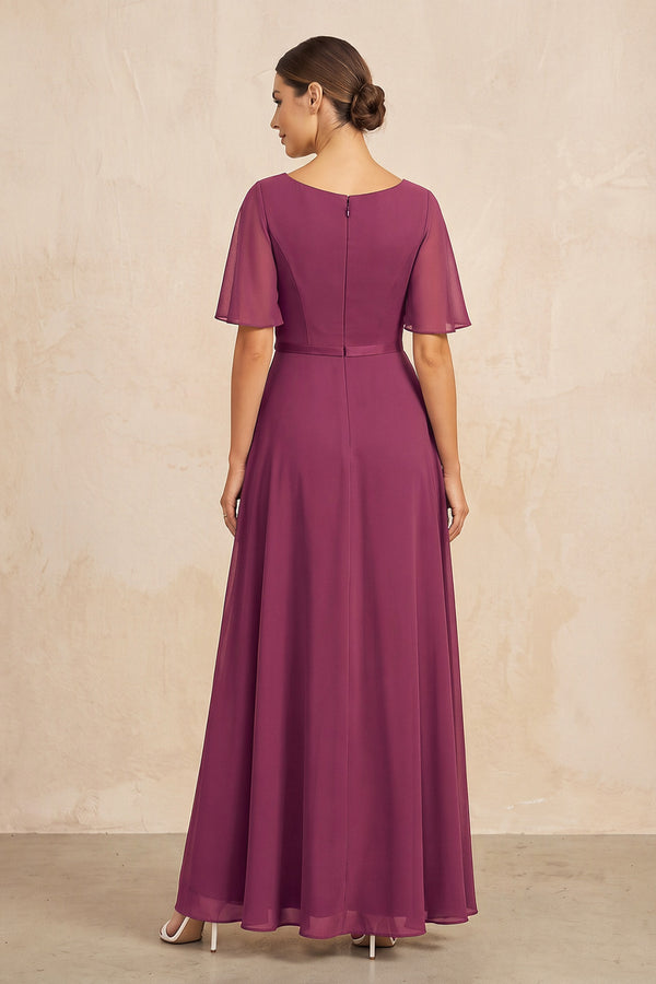 Mulberry Purple Ruched A-Line Chiffon V-Neck Mother of the Bride Dress with Sleeves (2) | KISSBRIDAL