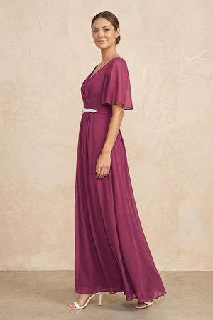 Mulberry Purple Ruched A-Line Chiffon V-Neck Mother of the Bride Dress with Sleeves (3) | KISSBRIDAL