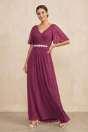 Mulberry Purple Ruched A-Line Chiffon V-Neck Mother of the Bride Dress with Sleeves | KISSBRIDAL